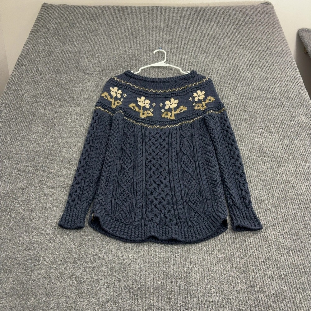 LL Bean Signature Sweater Women XS Blue Cotton Cable Knit Floral Side Zip Prep